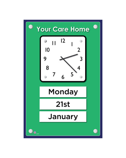 Orientation Board Display with Clock and calendar on a green background, suitable for dementia care homes