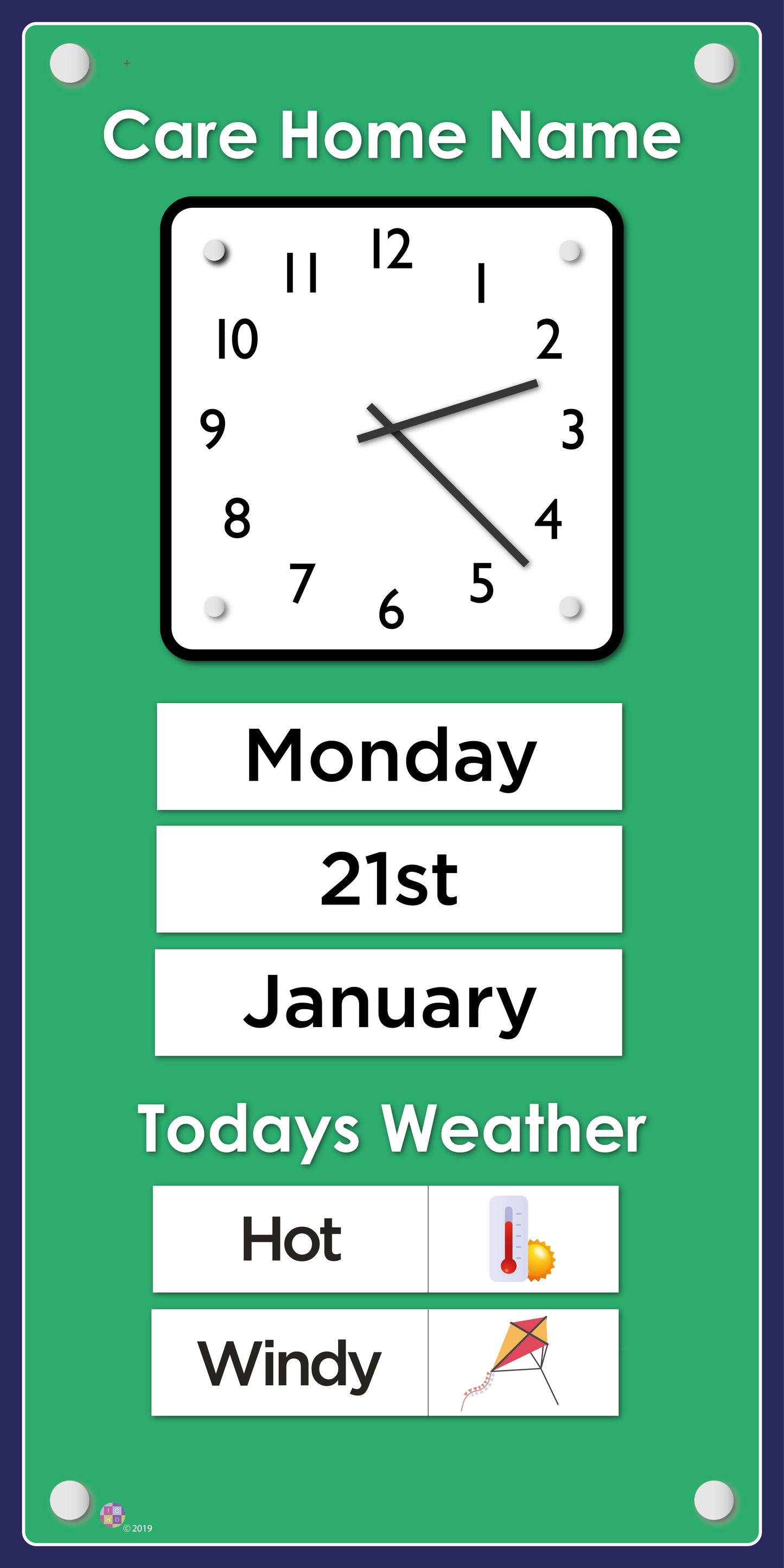 Orientation Board Display with Clock, calendar and weather information on a green background, suitable for dementia care 