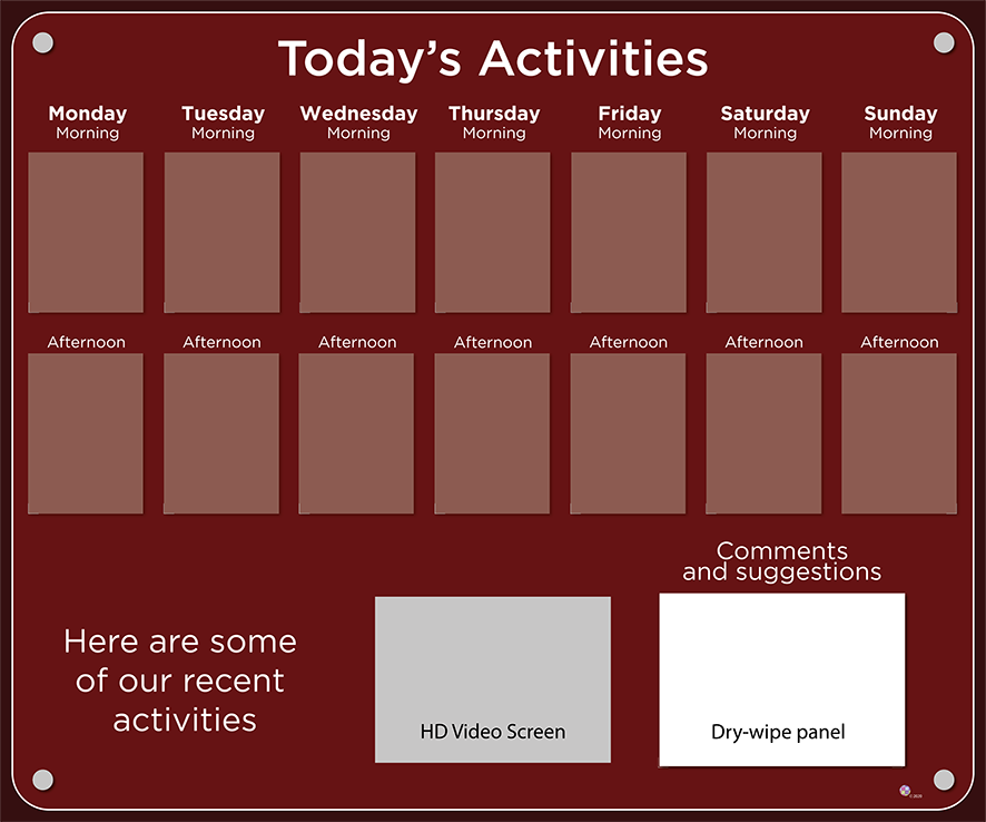 14 pocket Dementia Care Home Activities Display with HD screen in Burgundy