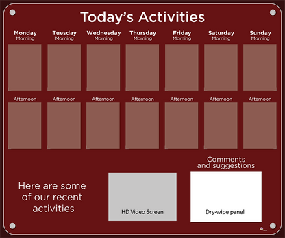 14 pocket Dementia Care Home Activities Display with HD screen in Burgundy