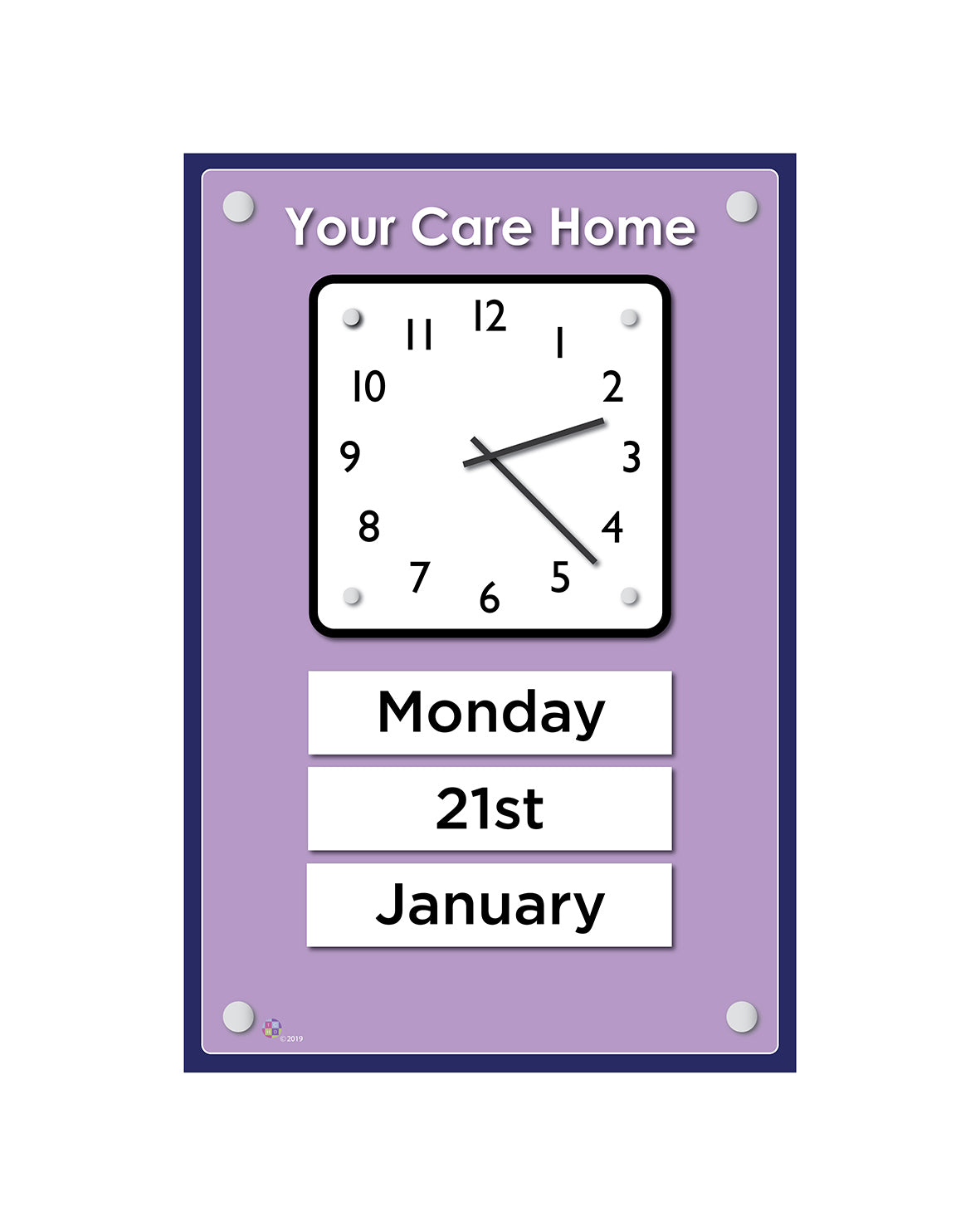 Orientation Board Display with Clock and calendar on a Lilac background, suitable for dementia care homes