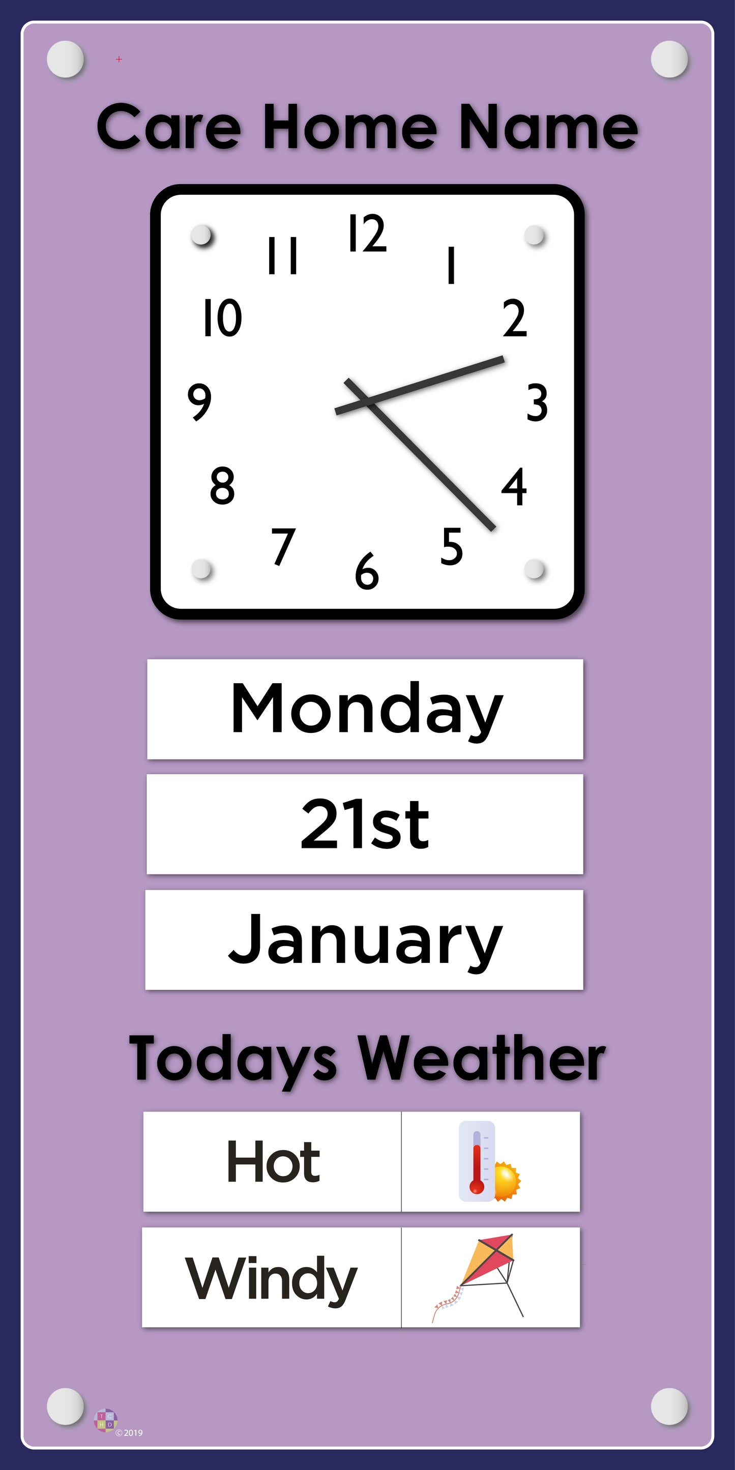 Orientation Board Display with Clock, calendar and weather information on a Lilac background, suitable for dementia care 