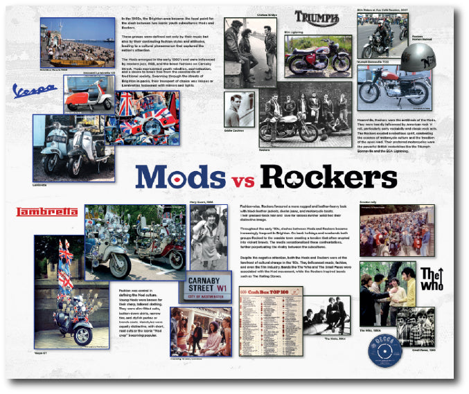 Mods and Rockers themed destination point reminiscence display of dementia friendly images and words about the Mods and rockers culture of the 1970's