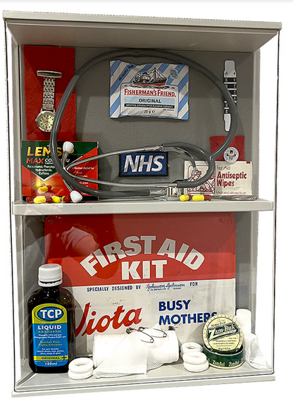 NHS medical themed dementia memory box containing medical and hospital related items