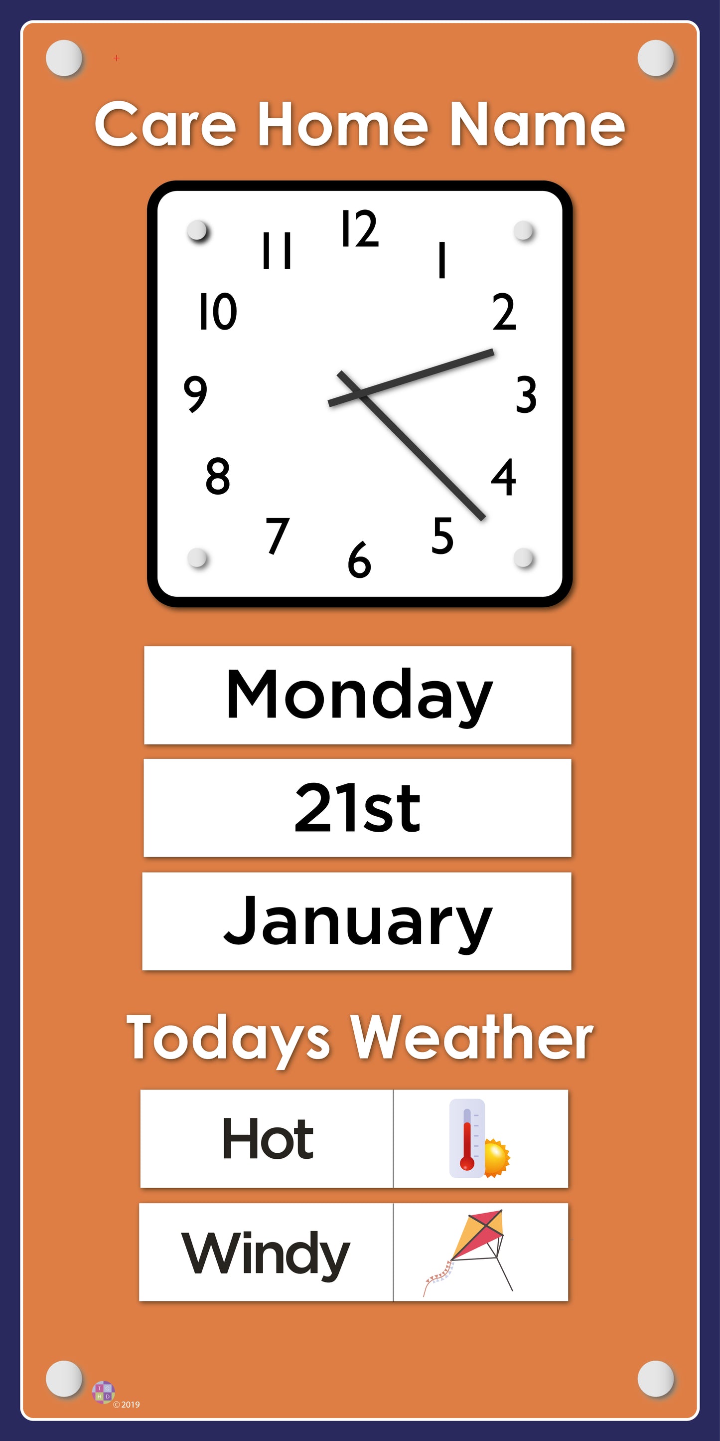 Orientation Board Display with Clock, calendar and weather information on a Orange background, suitable for dementia care 