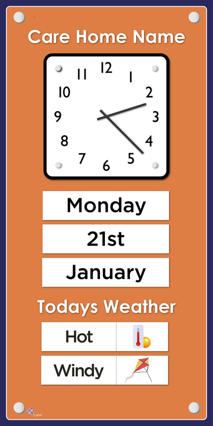 Orientation Board Display with Clock, calendar and weather information on a Orange background, suitable for dementia care 