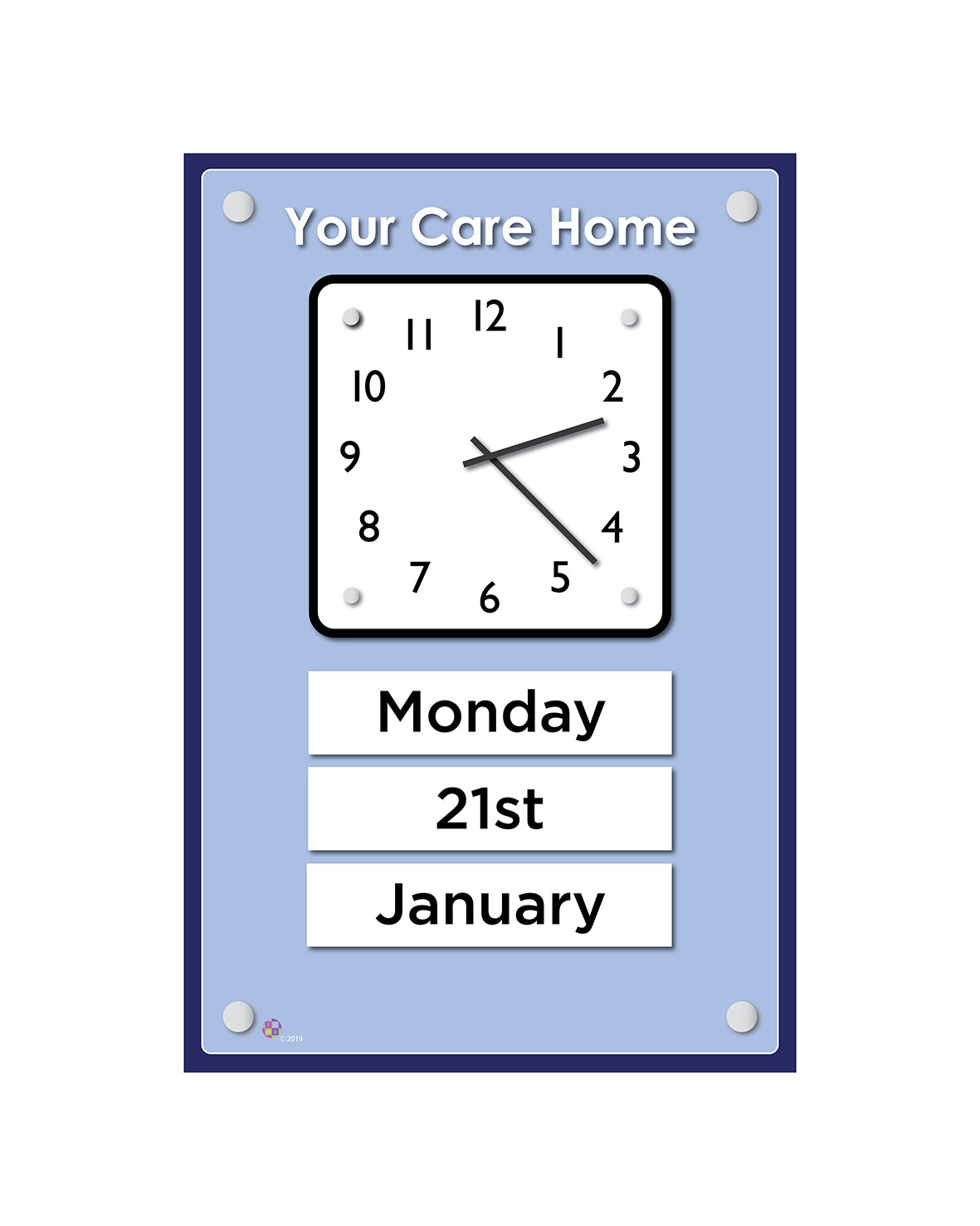Orientation Board Display with Clock and calendar on a pastel blue background, suitable for dementia care homes