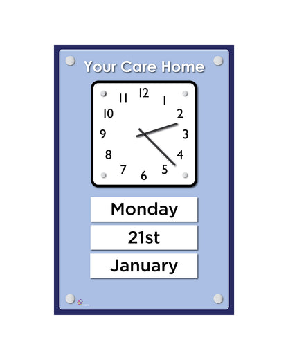 Orientation Board Display with Clock and calendar on a pastel blue background, suitable for dementia care homes
