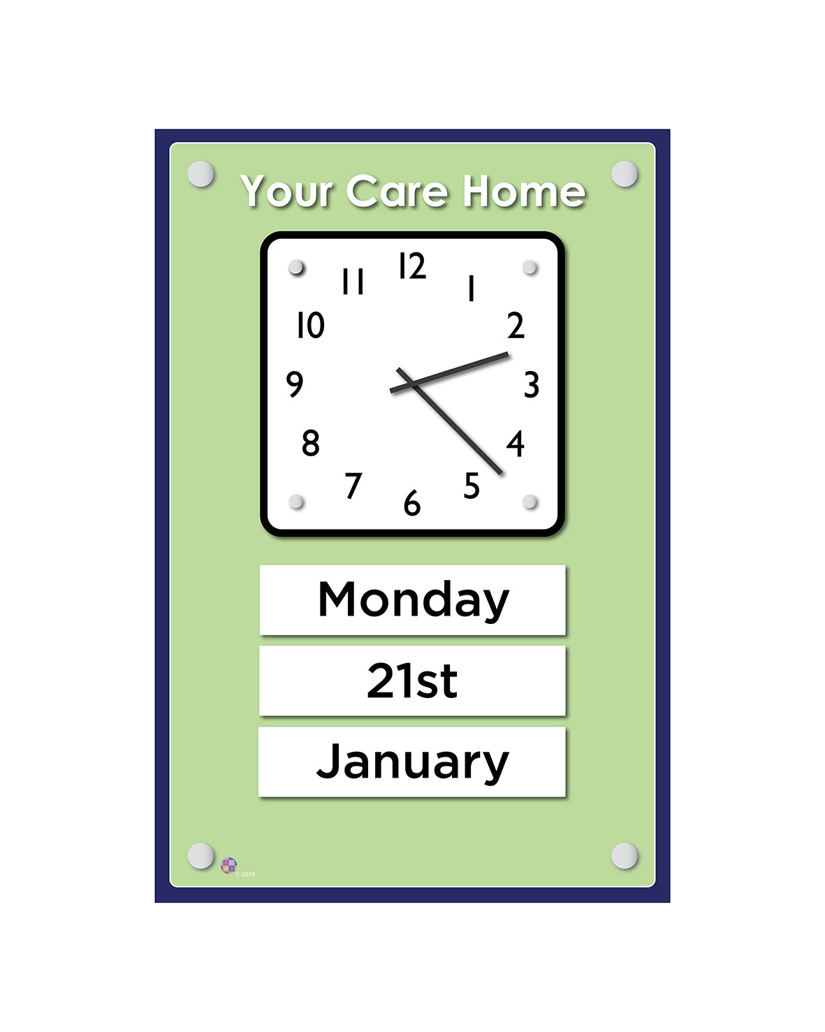 Orientation Board Display with Clock and calendar on a pastel green background, suitable for dementia care homes