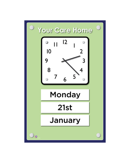 Orientation Board Display with Clock and calendar on a pastel green background, suitable for dementia care homes
