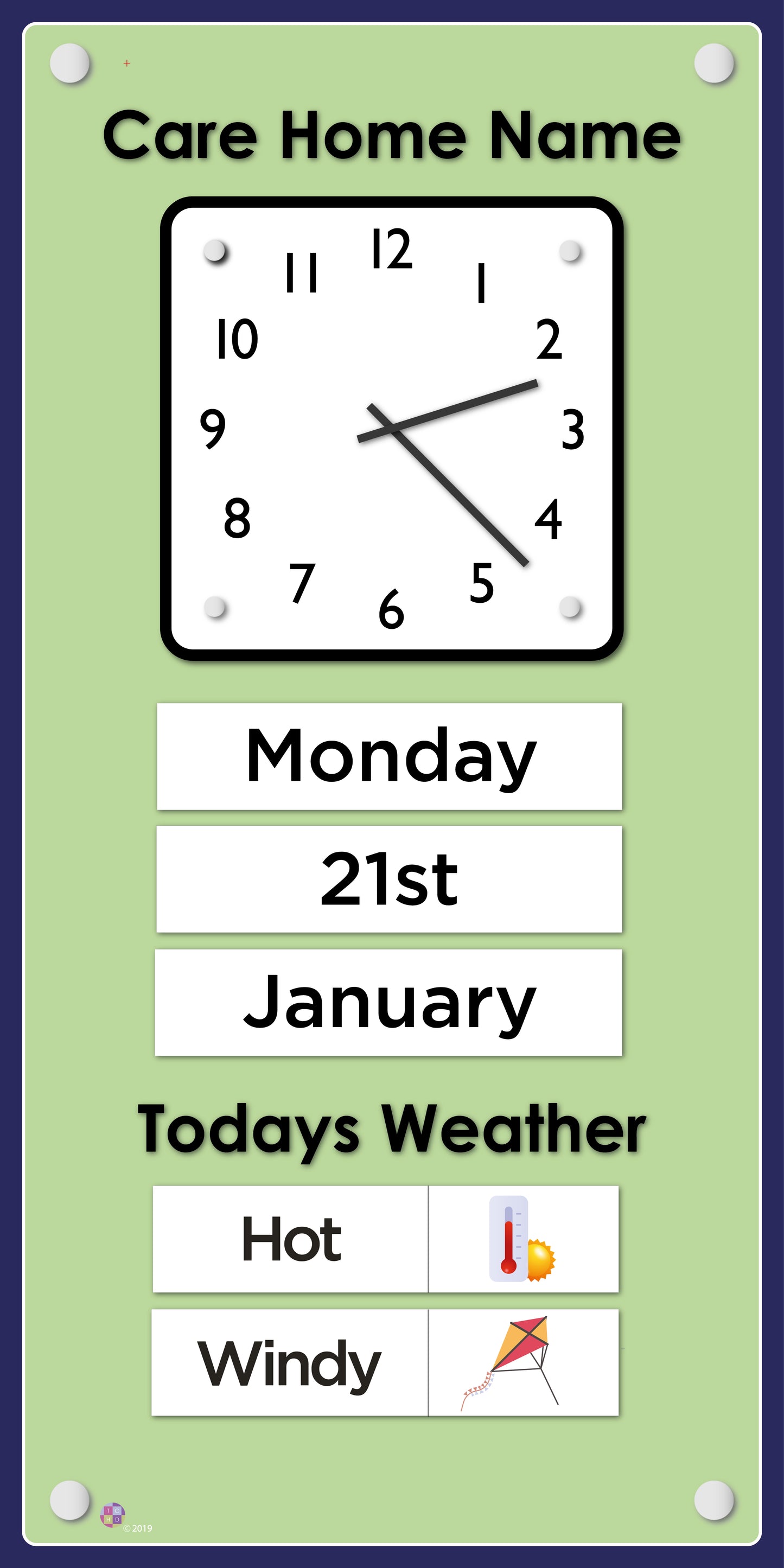 Orientation Board Display with Clock, calendar and weather information on a pastel green background, suitable for dementia care 