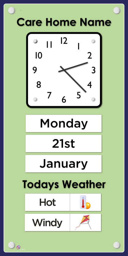 Orientation Board Display with Clock, calendar and weather information on a pastel green background, suitable for dementia care 