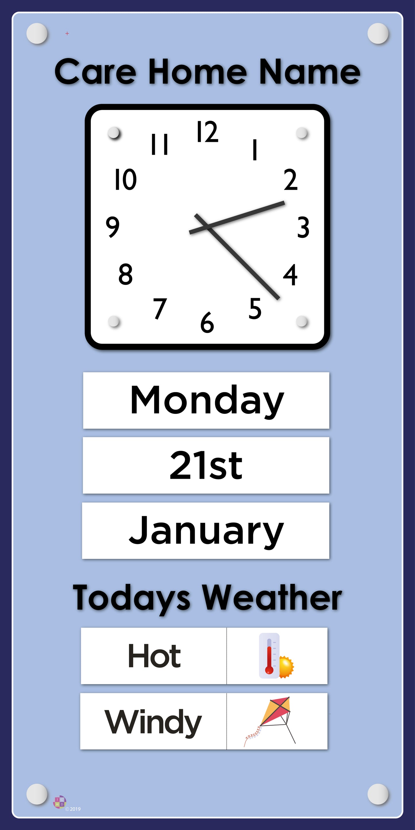 Orientation Board Display with Clock, calendar and weather information on a pastel blue background, suitable for dementia care 
