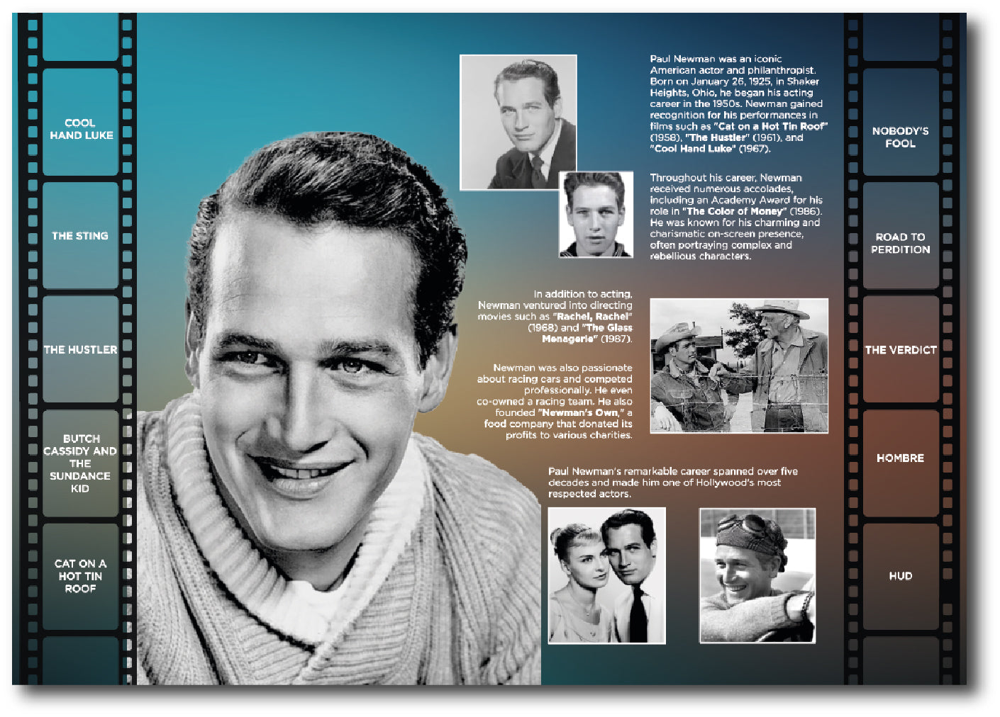 Paul Newman themed reminiscence artwork display for the dementia care home environment