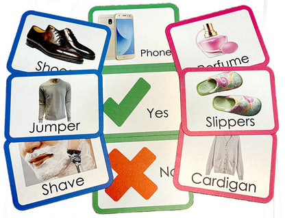 Pictorial flash cards with images and names on various topics including shoes, phone, perfume, slippers, cardigan, and shave, to help people with dementia dysphasia communicate.