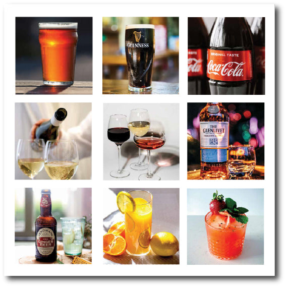 Dementia-friendly reminiscence montage of popular drinks including Guinness and Coca Cola as well as beer, wine and cocktails. 