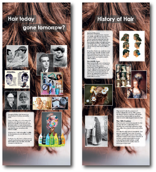 Panels showing hairstyles past and present – a dementia-friendly image to spark reminiscence about visits to the barber, hairdressers, and favourite styles.