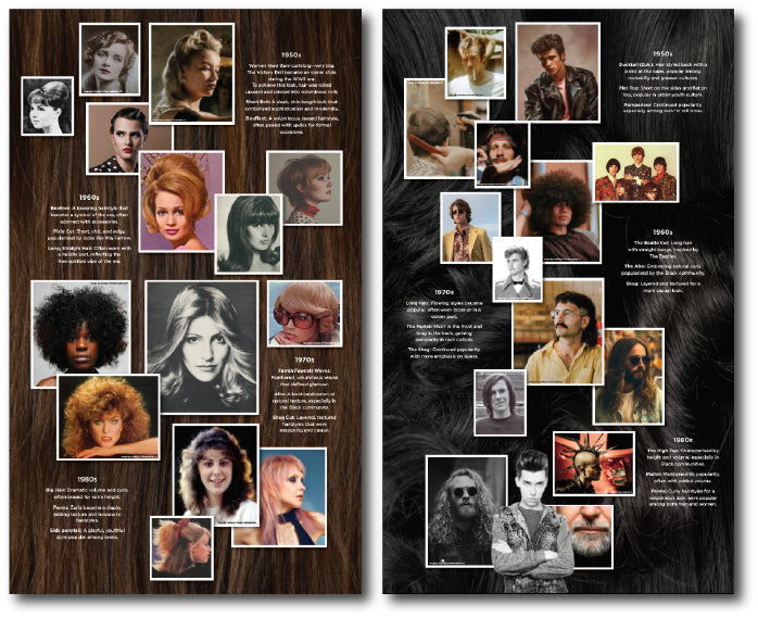 Two panels showing hairstyles from the 1950s to the 1980s, with photos of men and women’s fashion, perms, beehives, afros, and long hair. A dementia-friendly image to spark reminiscence about favourite styles, barbers, and hairdressers.