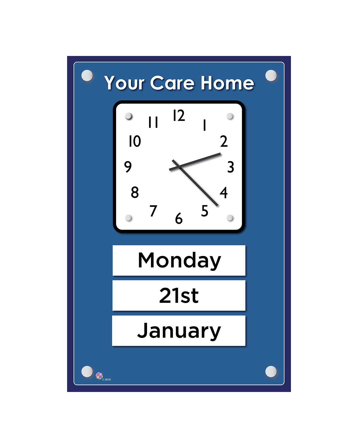 Orientation Board Display with Clock and calendar on a royal blue background, suitable for dementia care homes