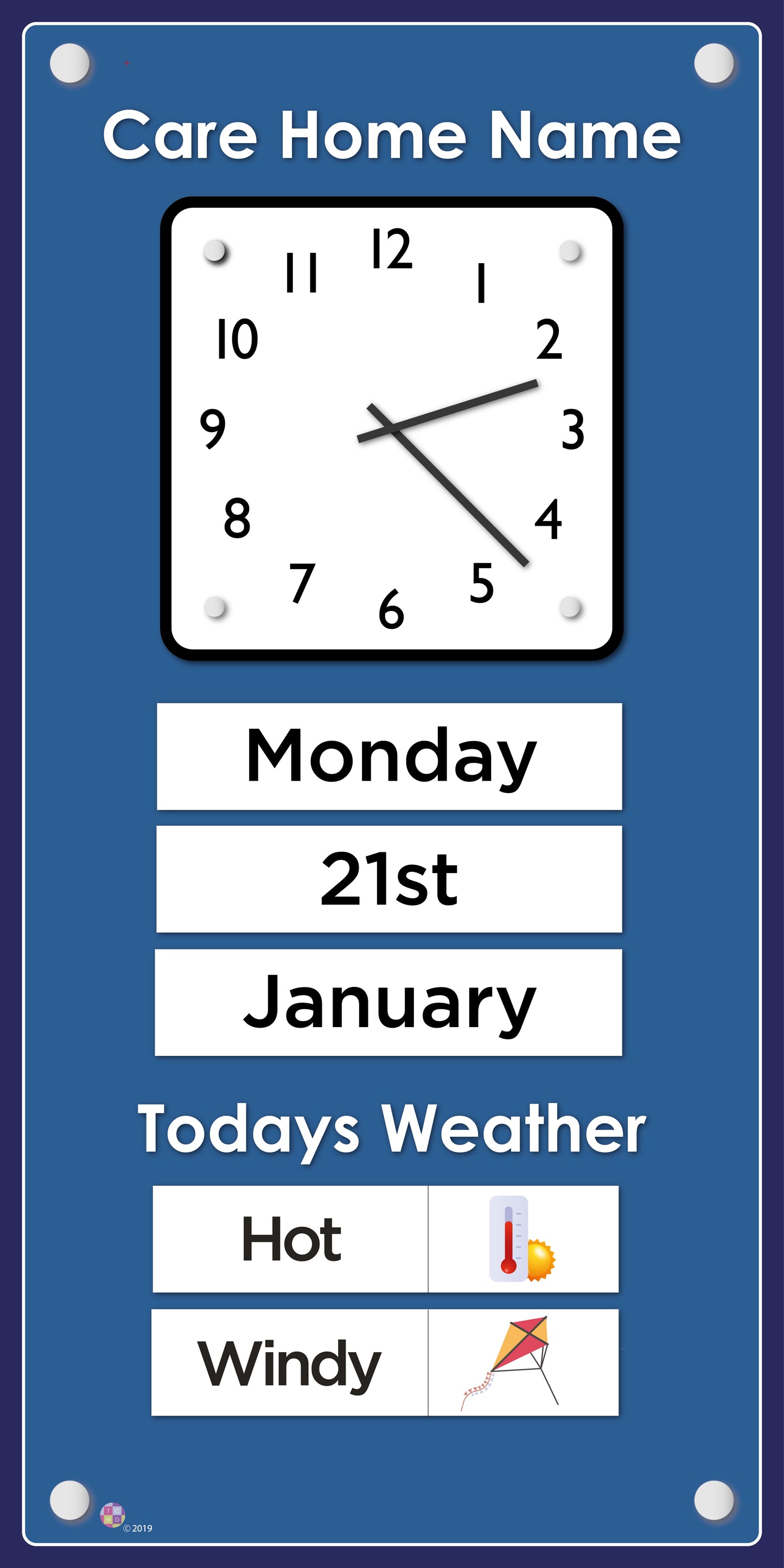Orientation Board Display with Clock, calendar and weather information on a Royal blue background, suitable for dementia care 