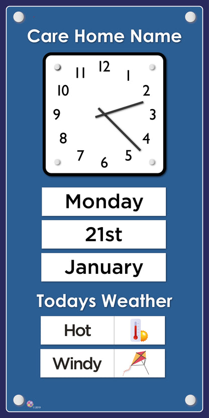 Orientation Board Display with Clock, calendar and weather information on a Royal blue background, suitable for dementia care 