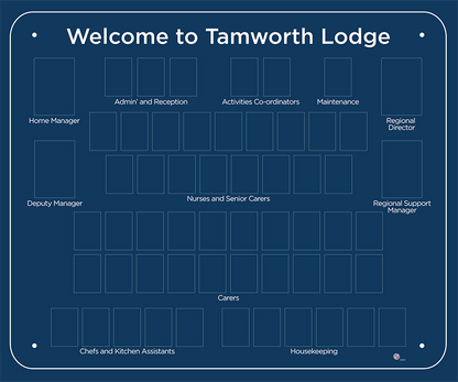 Staff Photographic Display Board example layout in Royal Blue including job titles.