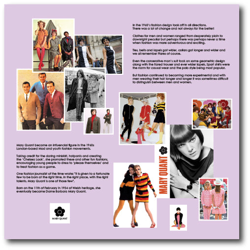 Photographs of various 1960's fashions for men and women to stimulate memories and reminiscence in dementia care settings