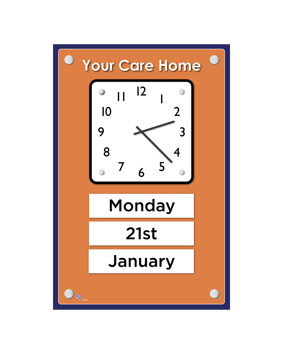 Orientation Board Display with Clock and calendar on an orange background, suitable for dementia care homes