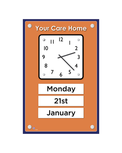 Orientation Board Display with Clock and calendar on an orange background, suitable for dementia care homes