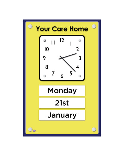 Orientation Board Display with Clock and calendar on a yellow background, suitable for dementia care homes