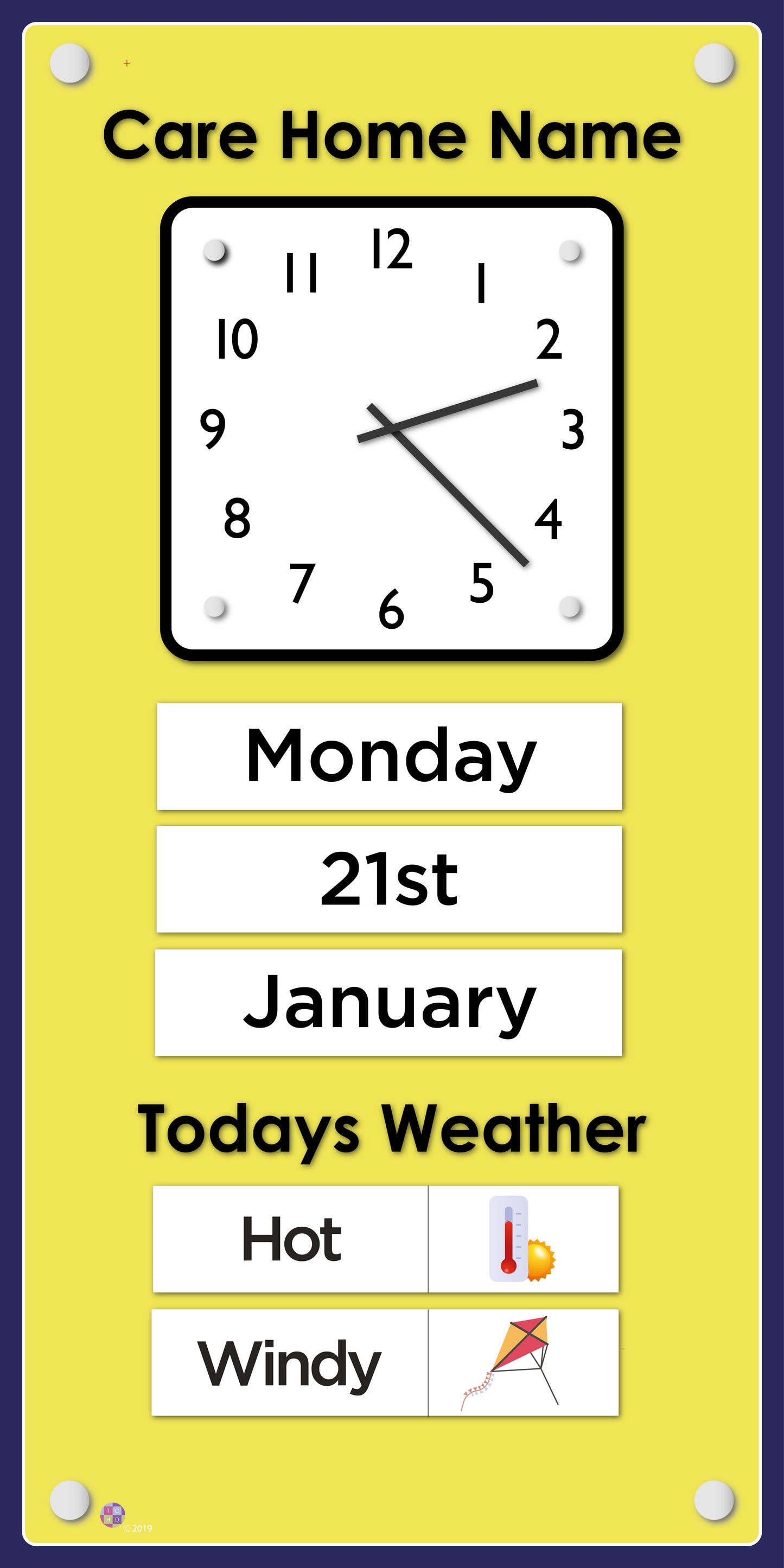 Orientation Board Display with Clock, calendar and weather information on a yellow background, suitable for dementia care 