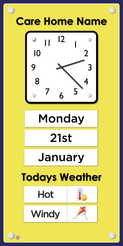 Orientation Board Display with Clock, calendar and weather information on a yellow background, suitable for dementia care 