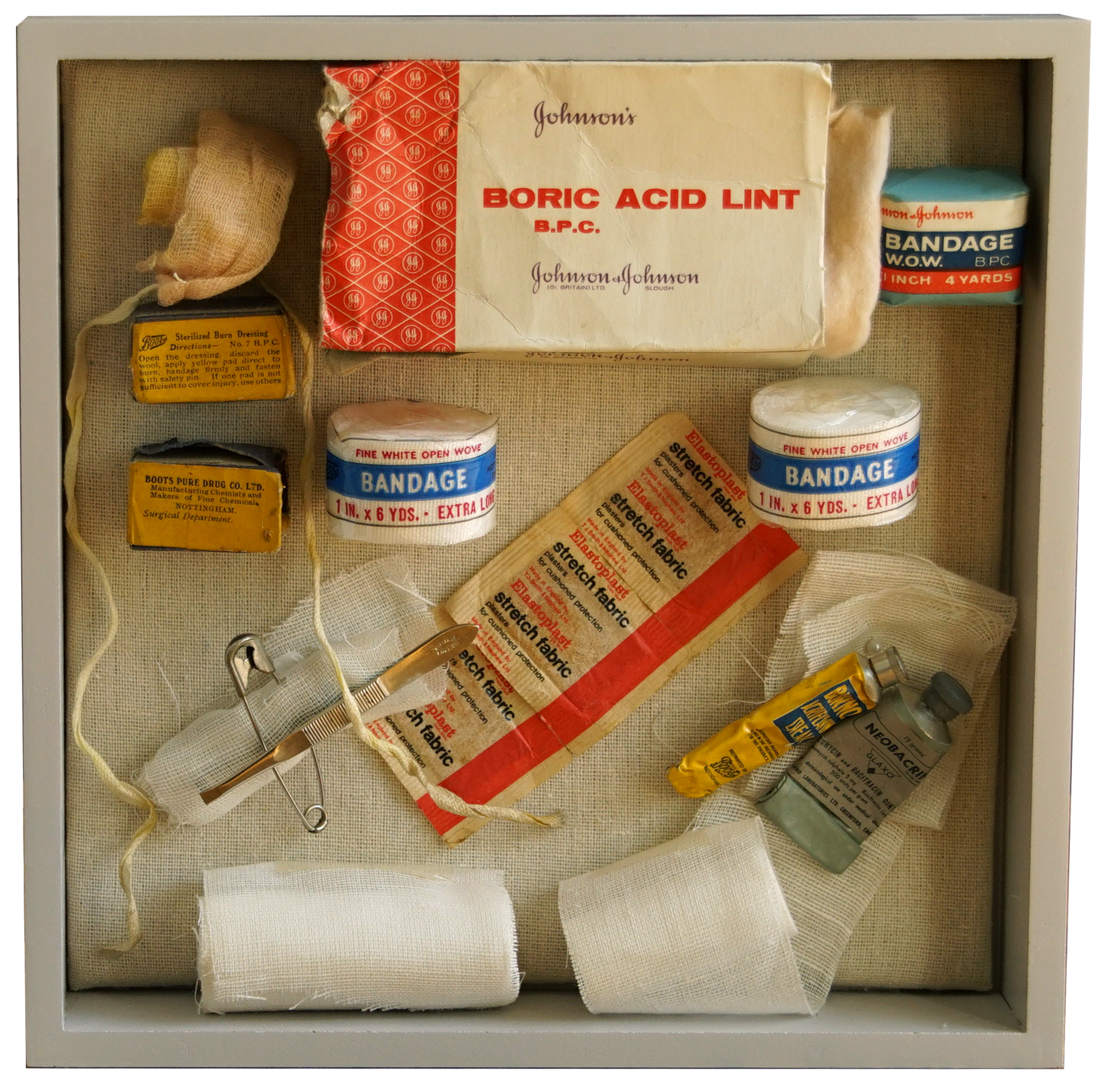 Detailed image of the contents of a medical memory box for the NHS reminiscence display